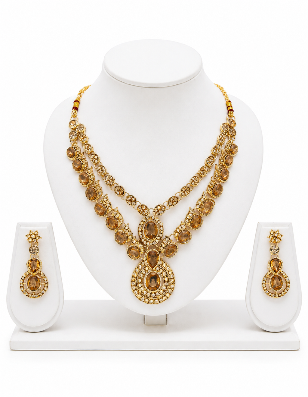 Majestic Topaz Amber Crystal Double-Layer Haram Necklace & Matching Drop Earrings Set in Antique Gold
