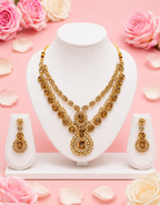 Majestic Topaz Amber Crystal Double-Layer Haram Necklace & Matching Drop Earrings Set in Antique Gold