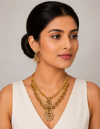 Majestic Topaz Amber Crystal Double-Layer Haram Necklace & Matching Drop Earrings Set in Antique Gold