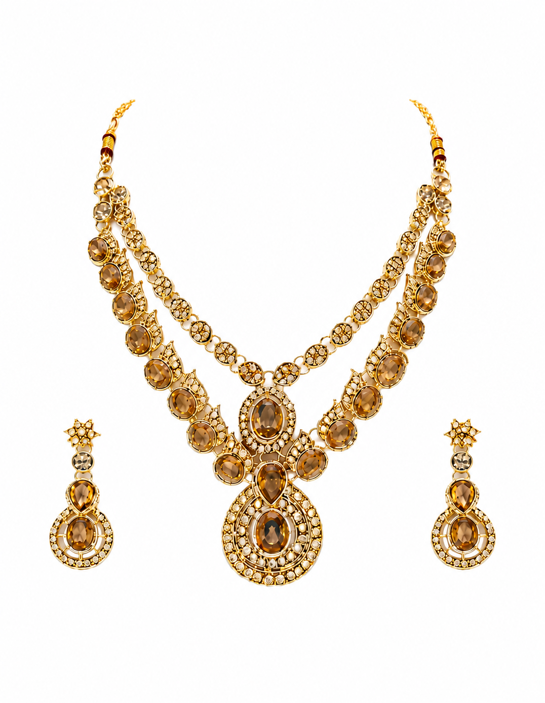 Majestic Topaz Amber Crystal Double-Layer Haram Necklace & Matching Drop Earrings Set in Antique Gold