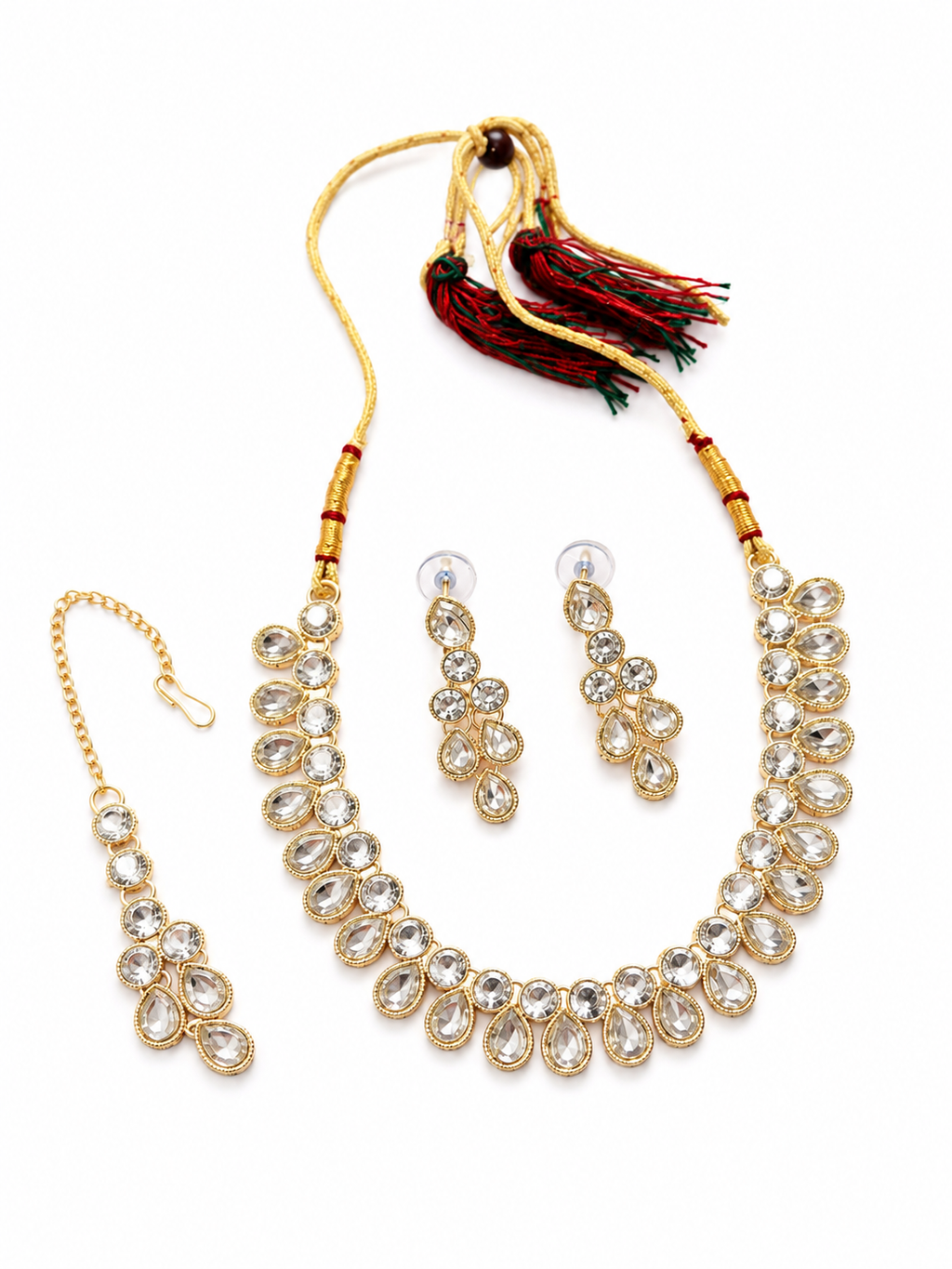 Elegant Gold-Plated White Kundan Necklace Set with Matching Drop Earrings & Maang Tikka