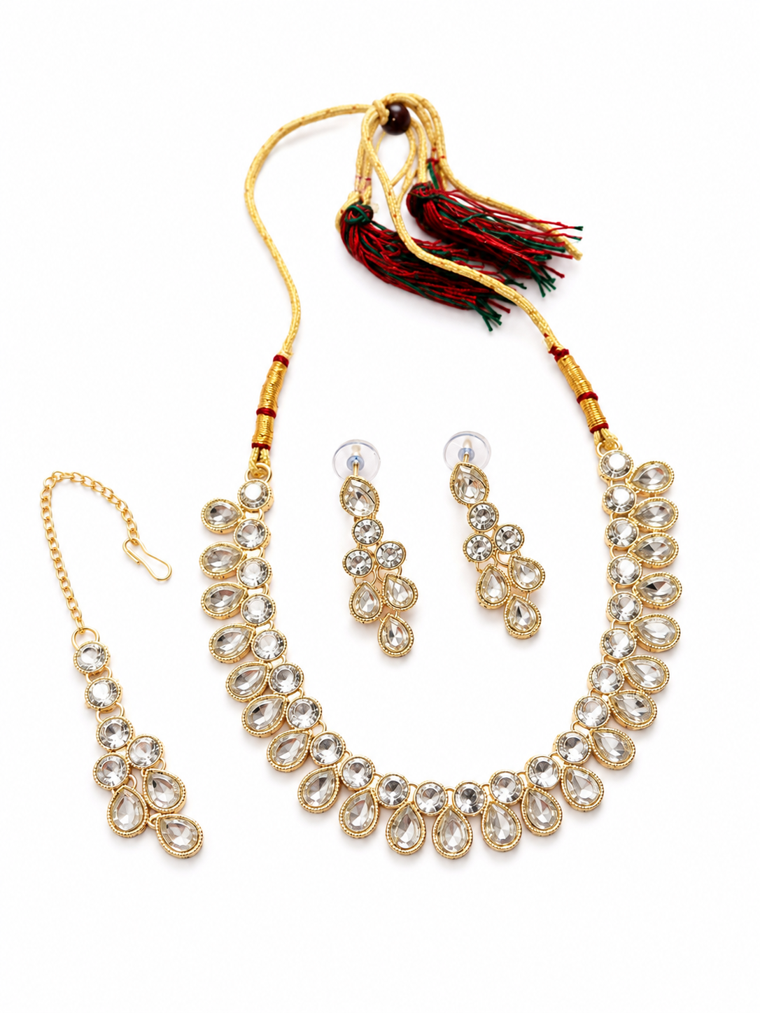 Elegant Gold-Plated White Kundan Necklace Set with Matching Drop Earrings & Maang Tikka