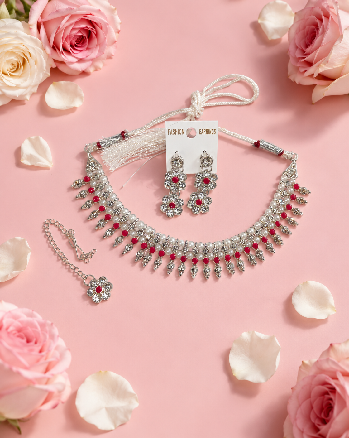 Traditional Silver-Plated Pearl & Maroon Bead Choker Necklace Set with Matching Drop Earrings