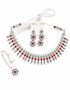Traditional Silver-Plated Pearl & Maroon Bead Choker Necklace Set with Matching Drop Earrings