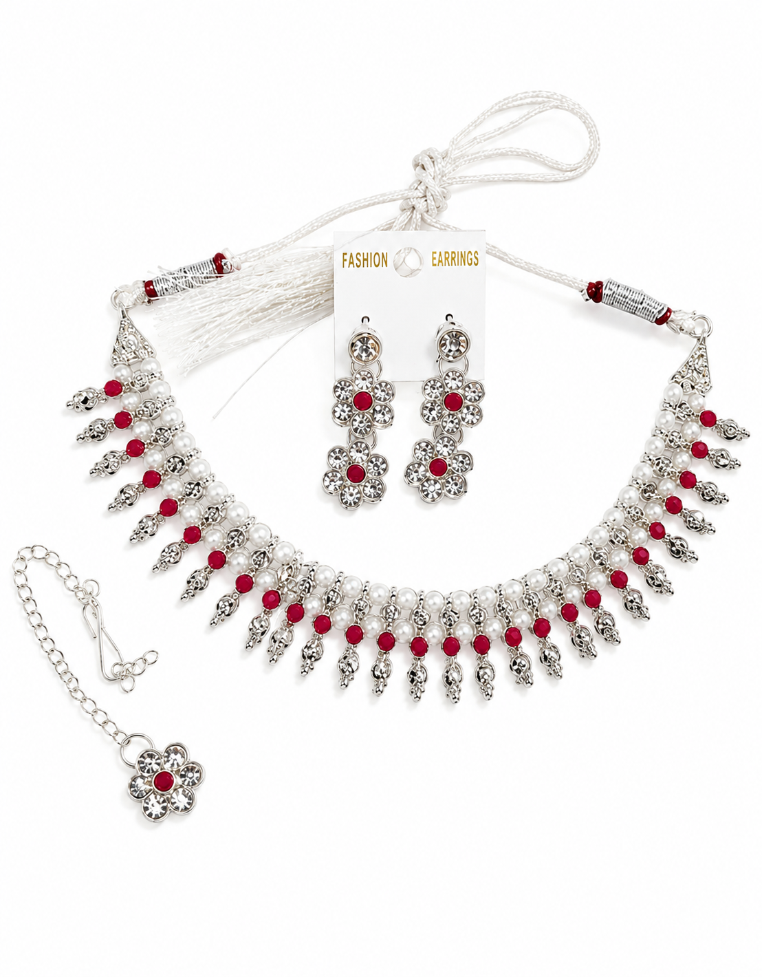 Traditional Silver-Plated Pearl & Maroon Bead Choker Necklace Set with Matching Drop Earrings