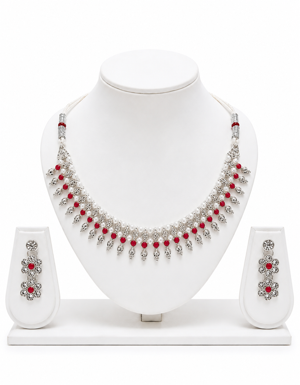 Traditional Silver-Plated Pearl & Maroon Bead Choker Necklace Set with Matching Drop Earrings