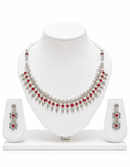 Traditional Silver-Plated Pearl & Maroon Bead Choker Necklace Set with Matching Drop Earrings