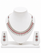 Traditional Silver-Plated Pearl & Maroon Bead Choker Necklace Set with Matching Drop Earrings