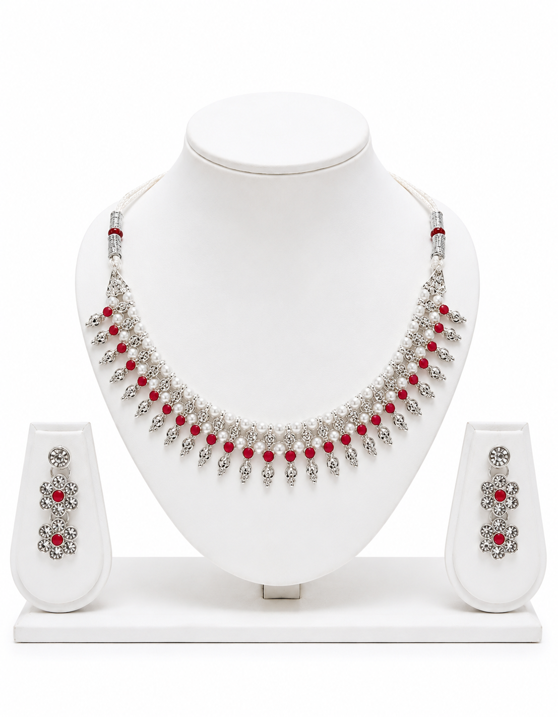 Traditional Silver-Plated Pearl & Maroon Bead Choker Necklace Set with Matching Drop Earrings