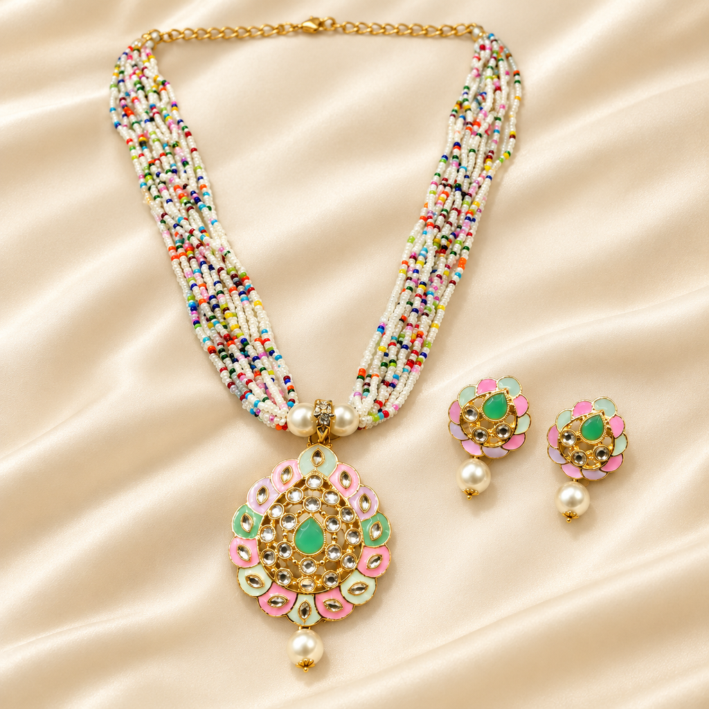 Multicolour Beaded Necklace Set with Traditional Pendant & Matching Earrings