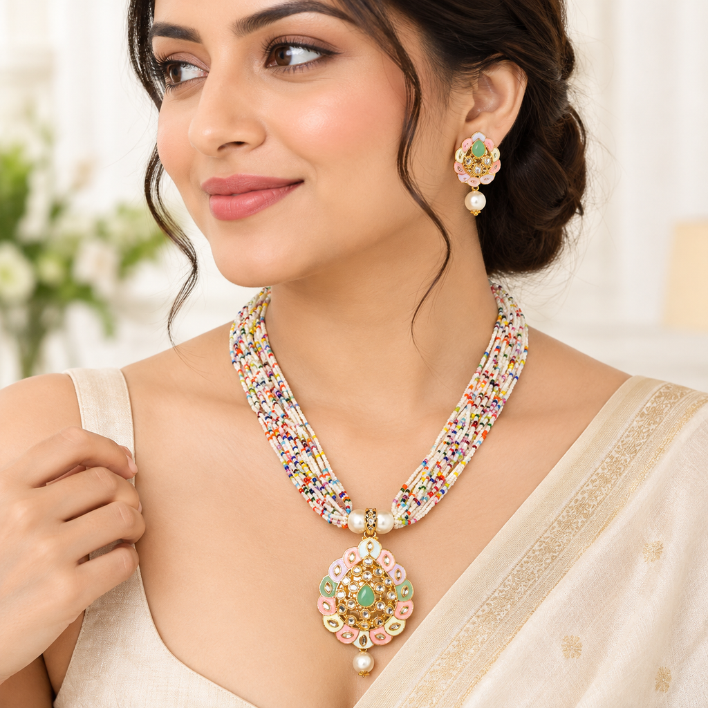 Multicolour Beaded Necklace Set with Traditional Pendant & Matching Earrings