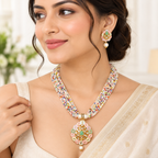 Multicolour Beaded Necklace Set with Traditional Pendant & Matching Earrings