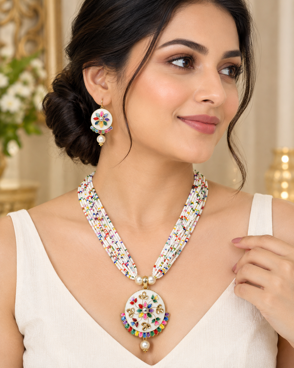 Beautiful Multicolor Floral Beaded Necklace & Earrings Set for Women
