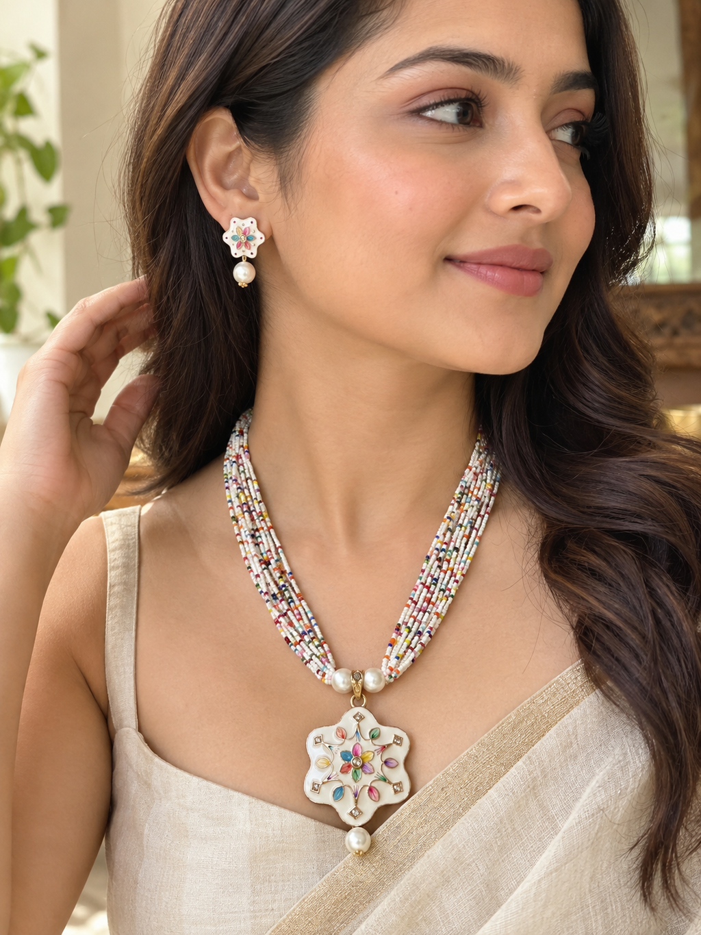 Multicolor Beaded Pearl Necklace Set with Floral Pendant & Matching Earrings