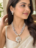 Multicolor Beaded Pearl Necklace Set with Floral Pendant & Matching Earrings
