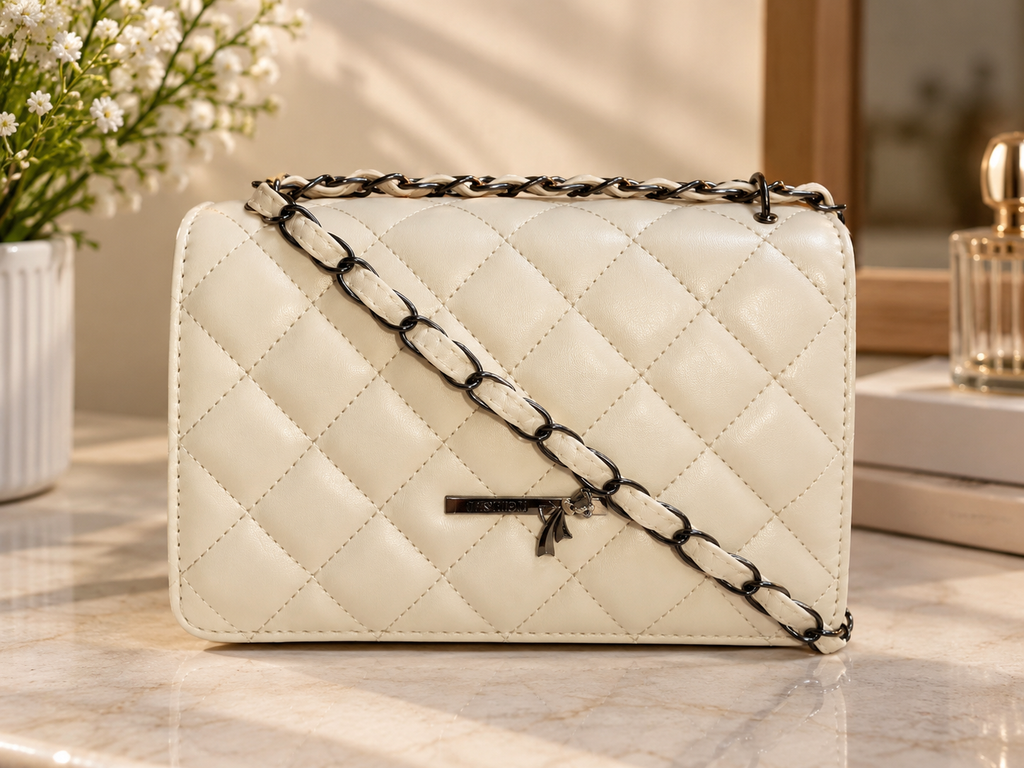 Women’s Ivory Quilted Shoulder Bag with Woven Chain Strap