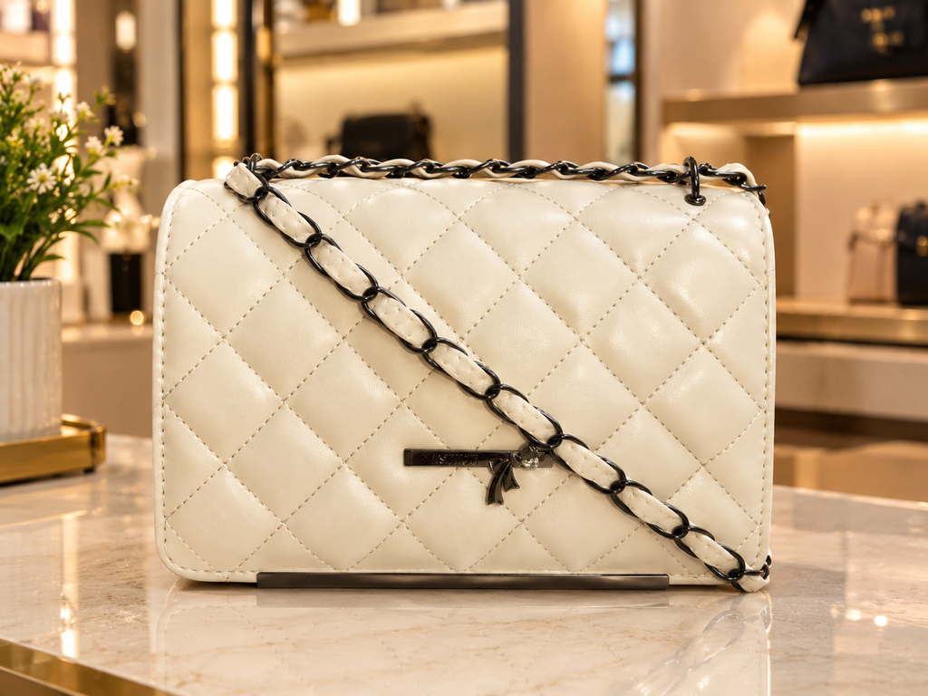 Women’s Ivory Quilted Shoulder Bag with Woven Chain Strap