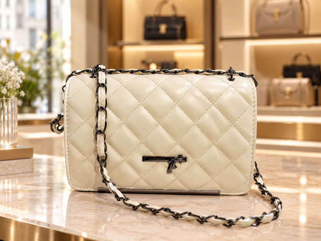Women’s Ivory Quilted Shoulder Bag with Woven Chain Strap
