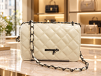 Women’s Ivory Quilted Shoulder Bag with Woven Chain Strap