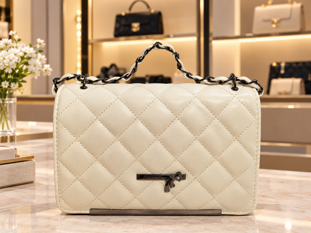 Women’s Ivory Quilted Shoulder Bag with Woven Chain Strap