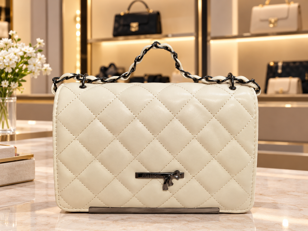 Women’s Ivory Quilted Shoulder Bag with Woven Chain Strap