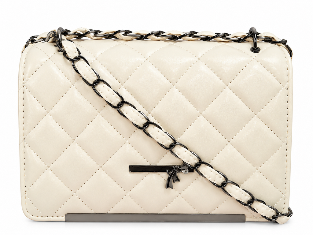 Women’s Ivory Quilted Shoulder Bag with Woven Chain Strap