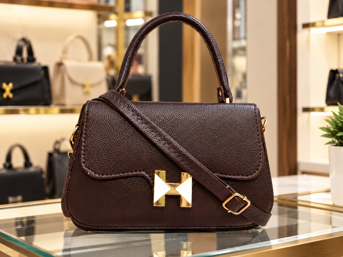 Women's Brown Structured Handbag with Adjustable Shoulder Strap