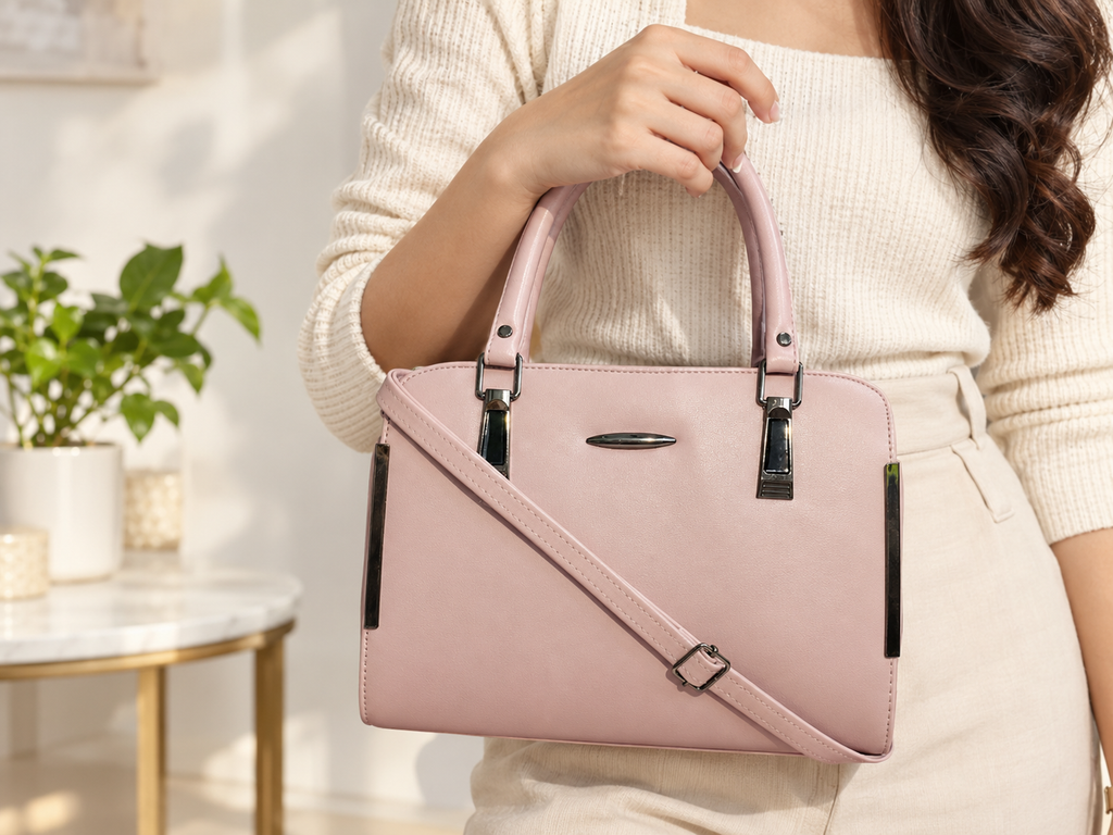 Women's Pink Structured Handbag with Adjustable Shoulder Strap