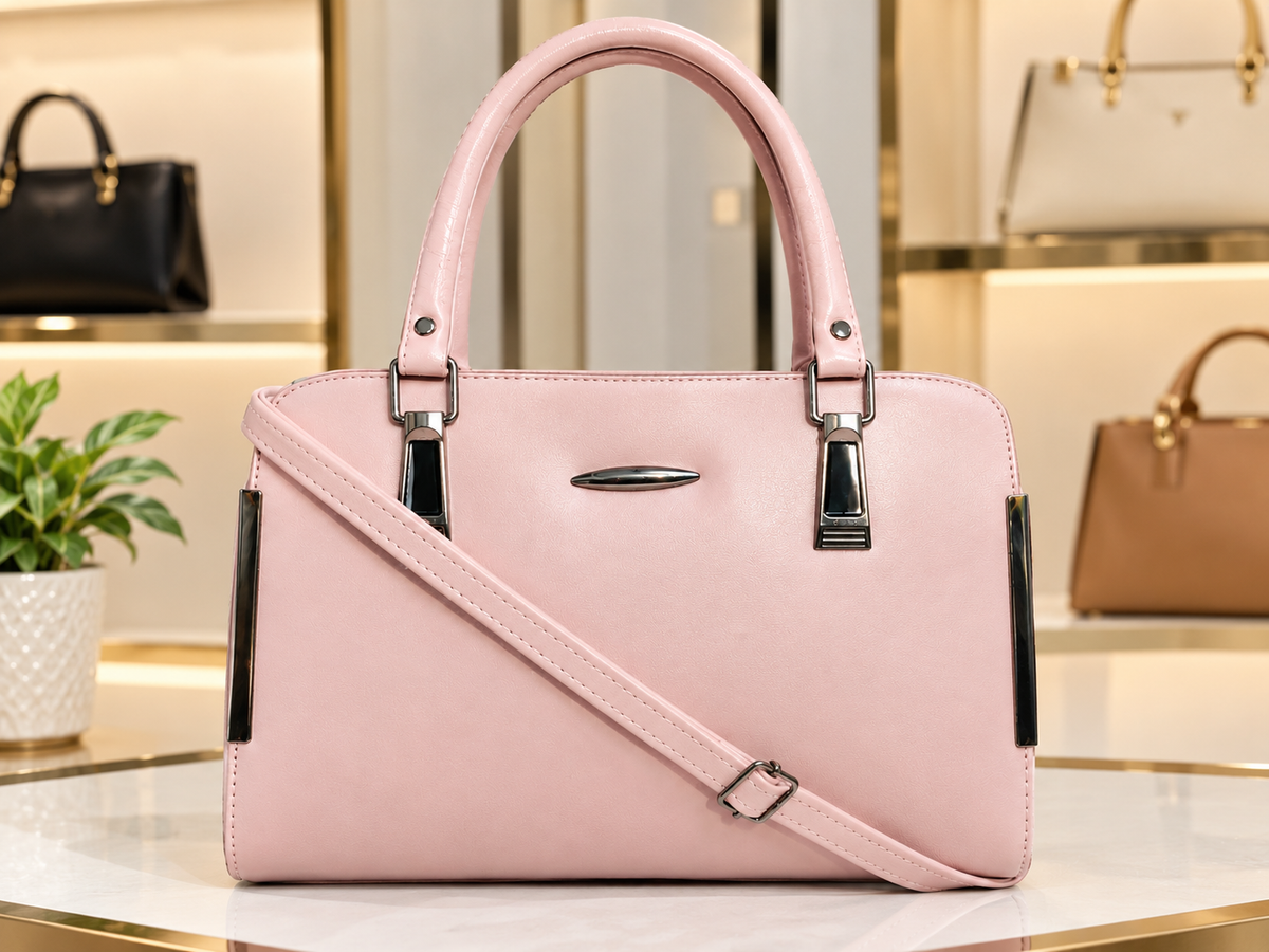 Women's Pink Structured Handbag with Adjustable Shoulder Strap
