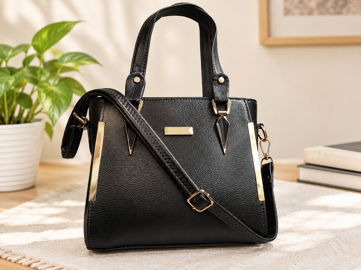 Women's Black Structured Handbag with Adjustable Shoulder Strap