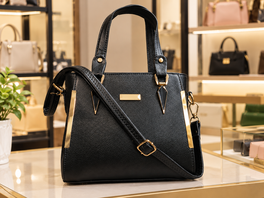 Women's Black Structured Handbag with Adjustable Shoulder Strap