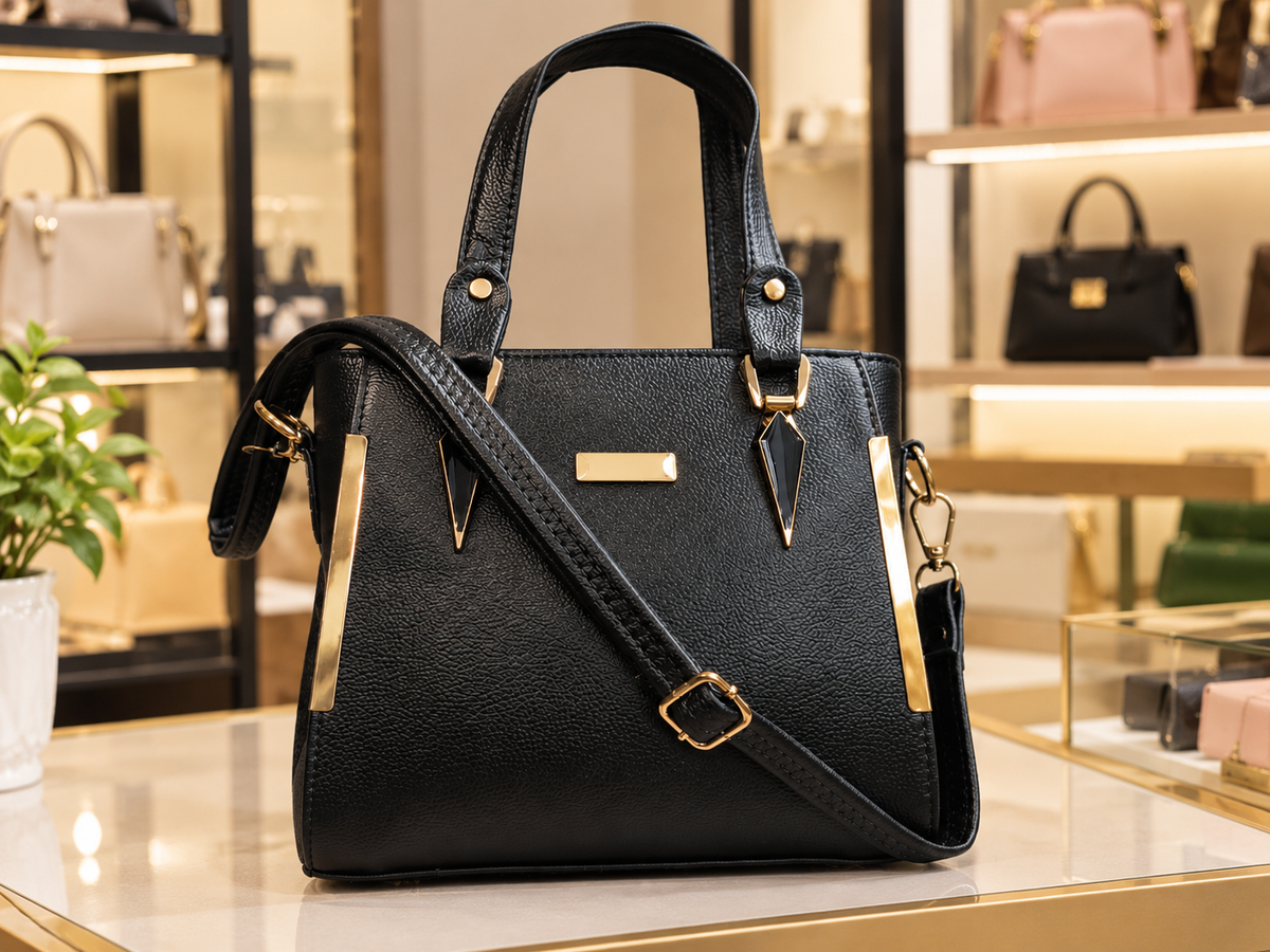 Women's Black Structured Handbag with Adjustable Shoulder Strap