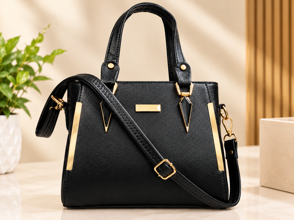 Women's Black Structured Handbag with Adjustable Shoulder Strap
