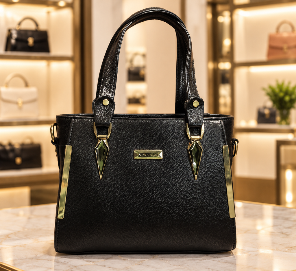 Women's Black Structured Handbag with Adjustable Shoulder Strap
