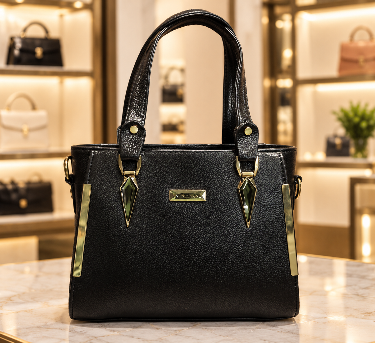 Women's Black Structured Handbag with Adjustable Shoulder Strap