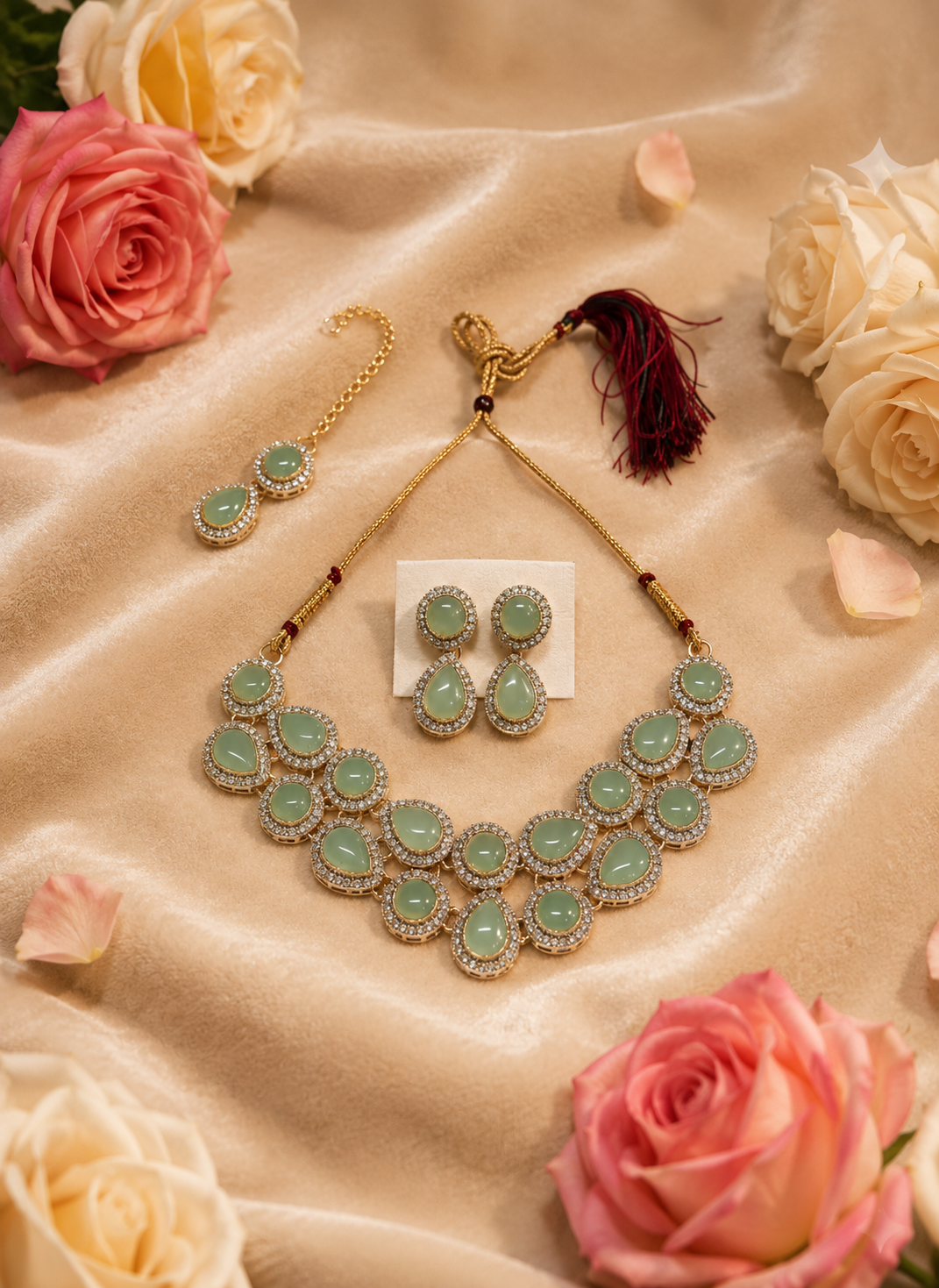 Elegant Mint Green Kundan Necklace Set with Matching Drop Earrings