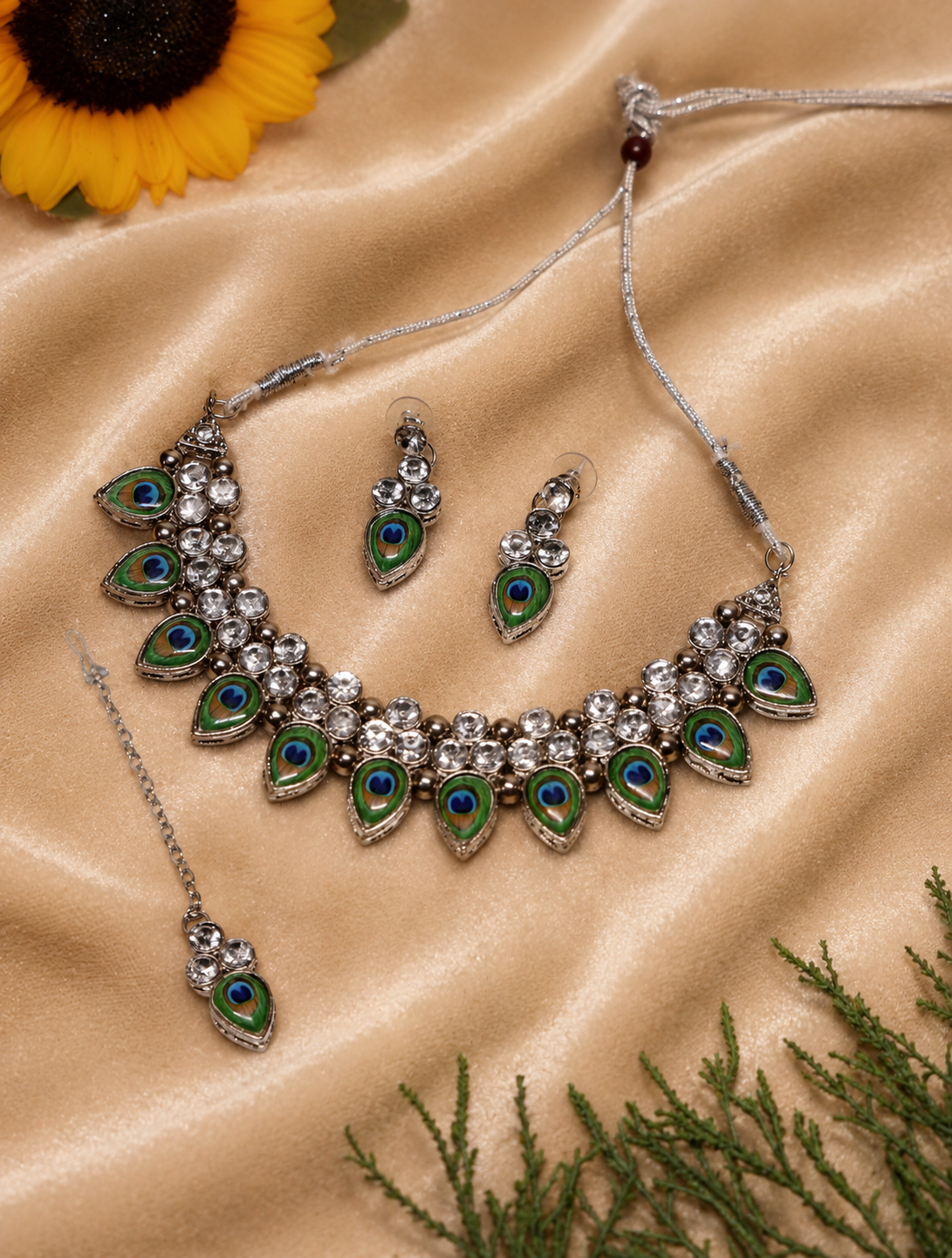 Peacock Feather Design Crystal Necklace Set with Matching Earrings & Maang Tikka for Women