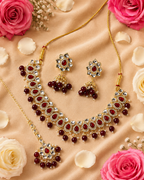 Maroon Kundan Necklace Set with Matching Earrings & Maang Tikka for Women | Traditional Gold-Plated Ethnic Jewellery