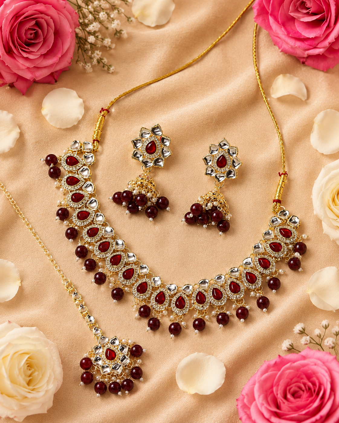 Maroon Kundan Necklace Set with Matching Earrings & Maang Tikka for Women | Traditional Gold-Plated Ethnic Jewellery