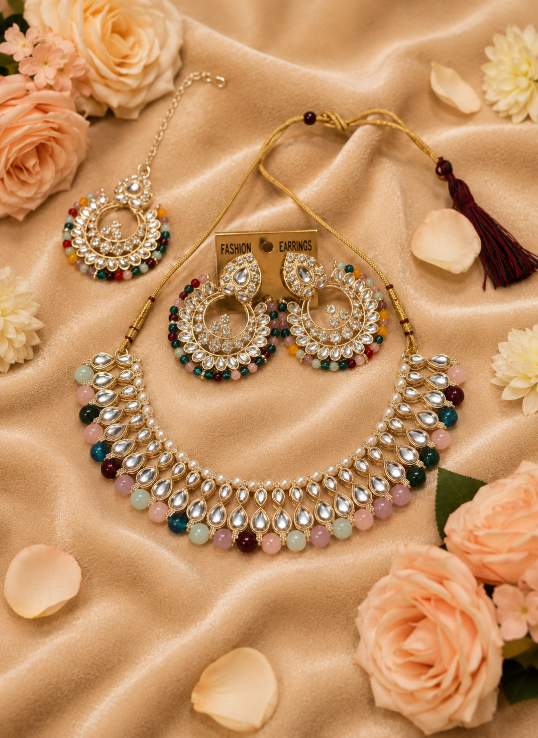 Multicolor Beaded Kundan Necklace Set with Matching Chandbali Earrings & Maang Tikka for Women