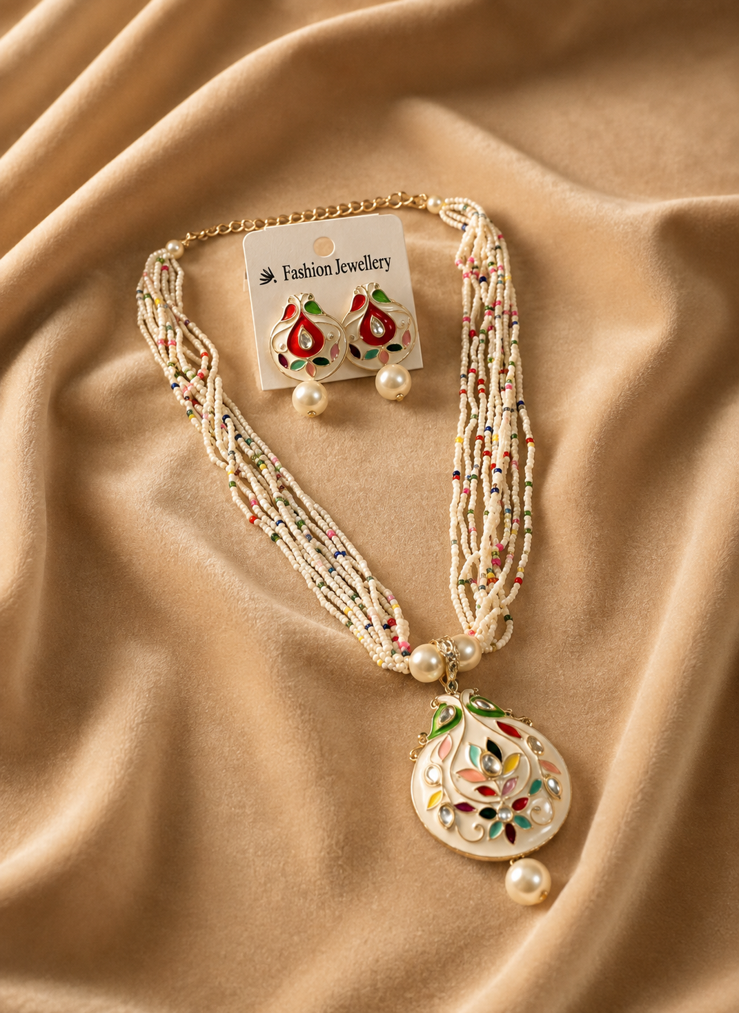 Stunning Neck set I Multilayer White Beaded Pendant Necklace Set with Matching Enamel Earrings for Women