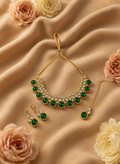 Green Stone &amp; Crystal Traditional Necklace Set with Matching Earrings and Maang Tikka for Women