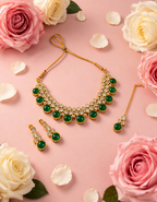 Green Stone &amp; Crystal Traditional Necklace Set with Matching Earrings and Maang Tikka for Women