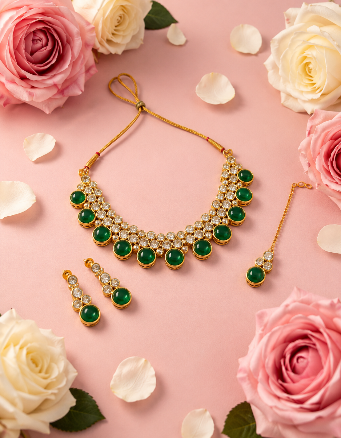 Green Stone &amp; Crystal Traditional Necklace Set with Matching Earrings and Maang Tikka for Women
