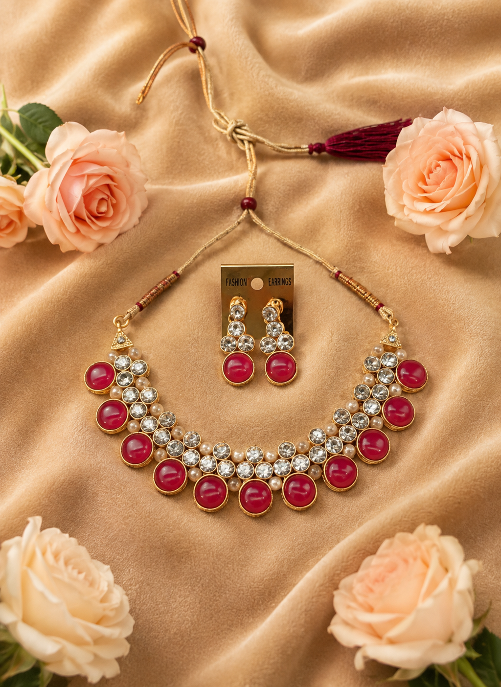 Pink Stone & Crystal Traditional Necklace Set with Earrings