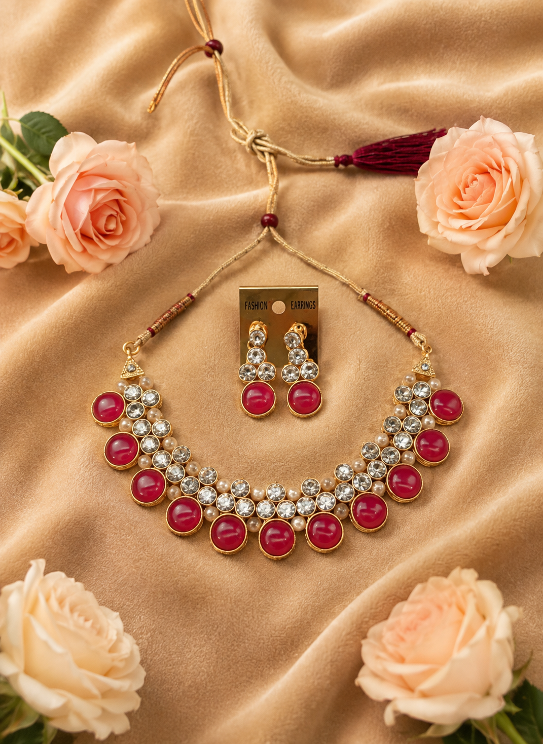 Pink Stone & Crystal Traditional Necklace Set with Earrings