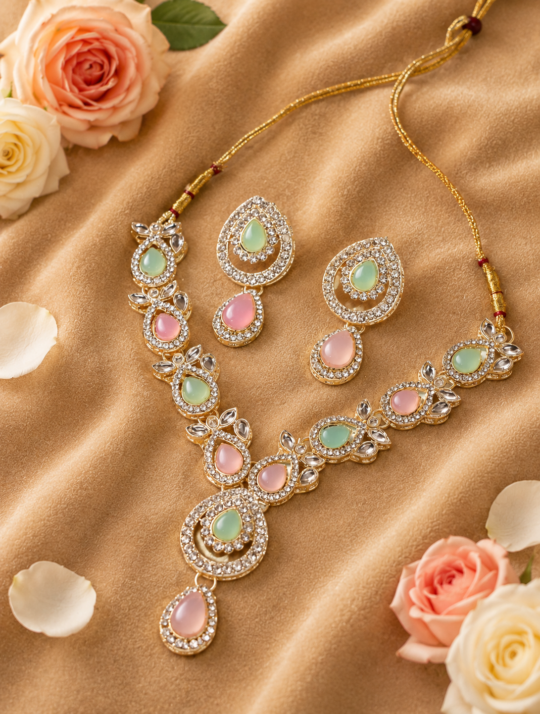 Pastel Pink & Mint Stone Statement Necklace Set with Matching Earrings | Silver-Tone Adjustable Ethnic Jewelry for Women