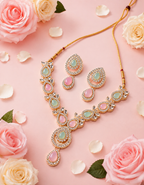 Pastel Pink & Mint Stone Statement Necklace Set with Matching Earrings | Silver-Tone Adjustable Ethnic Jewelry for Women