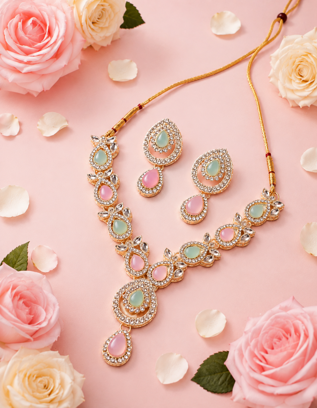 Pastel Pink & Mint Stone Statement Necklace Set with Matching Earrings | Silver-Tone Adjustable Ethnic Jewelry for Women