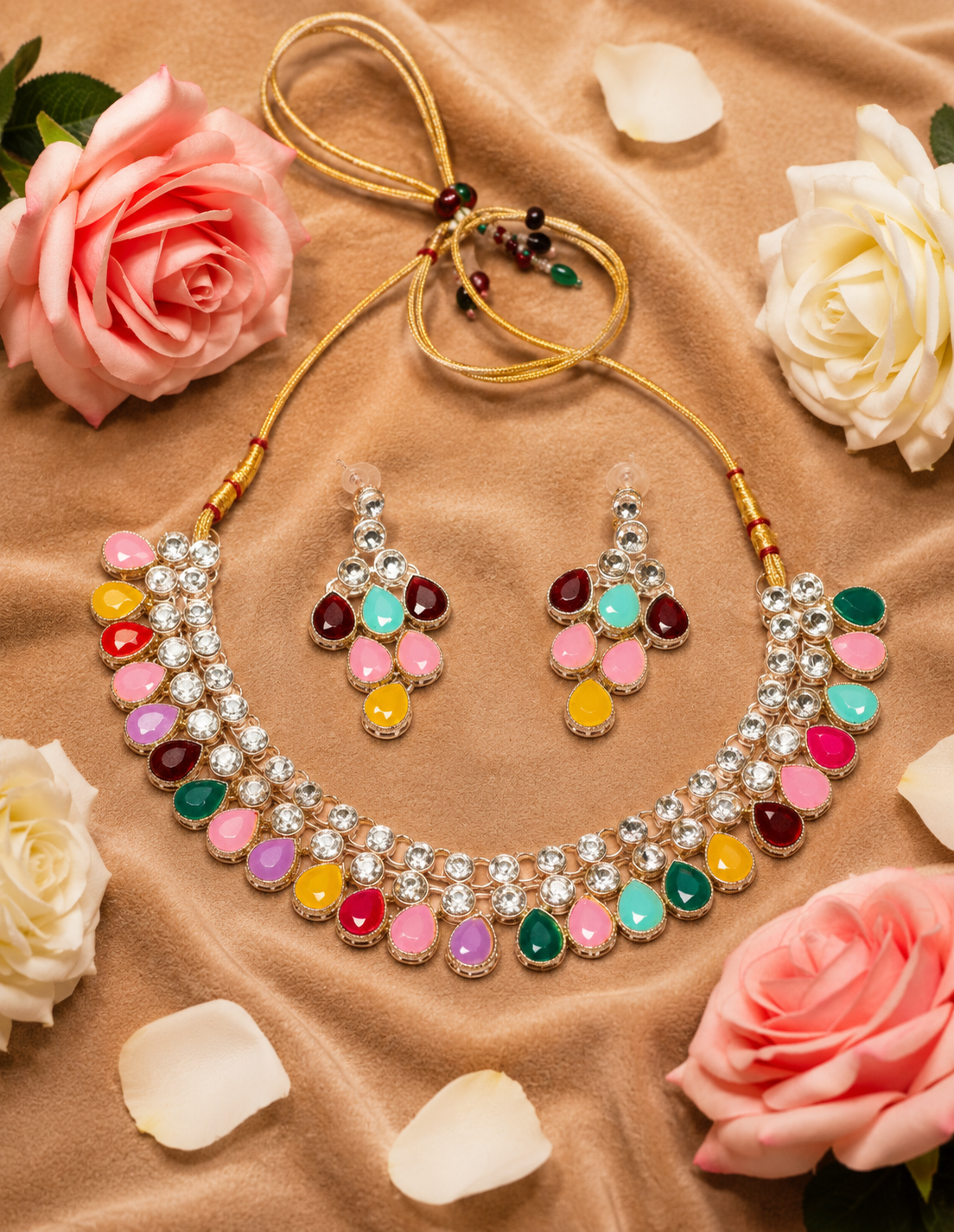 Multicolor Kundan Choker Necklace Set with Earrings for Women